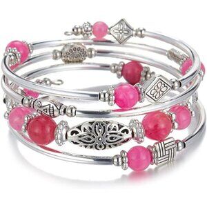 03-Hot Pink Layered Wrap Bangle Bead Bracelet w/ Agate Stone